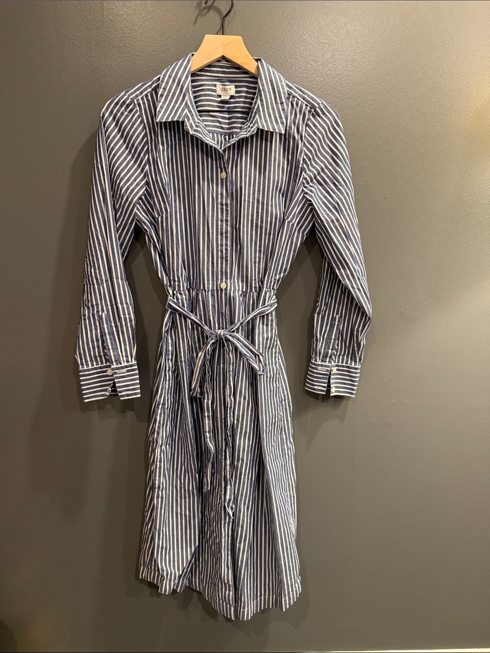 J. Crew Navy and White Vertical Stripe Long-Sleeve Shirt Dress